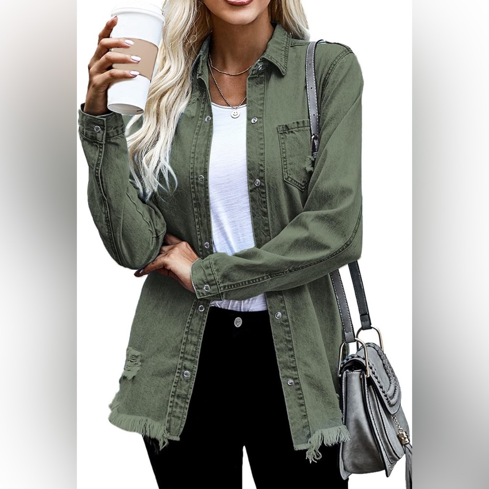 Oversized Denim Jacket, Distressed, Olive Green, Size L NWOT